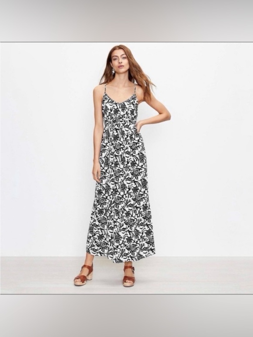 LOFT- Black and White Floral Slip Maxi Dress Size M